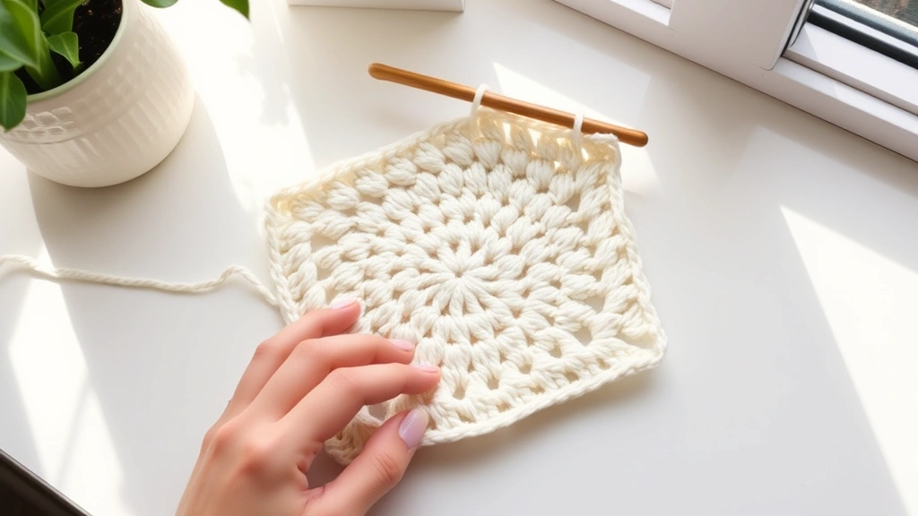 Hands crocheting a cream-colored granny square with wooden hook, natural window light, clean white table, partially completed square showing even stitches and perfect corners visible