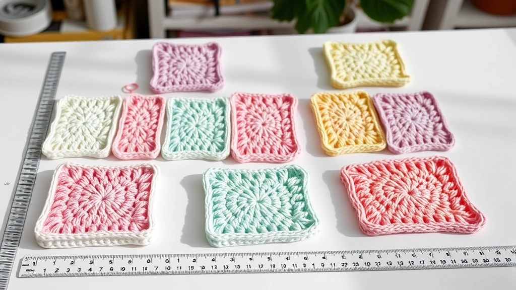 Collection of blocked crochet squares in pastel colors pinned to foam blocking mats, measuring ruler alongside, bright crafting room lighting, squares showing perfect right angles