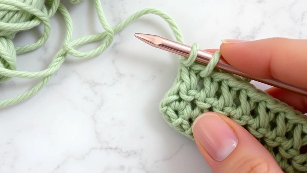 Close-up of crochet hook working corner chain-space in sage green yarn, fingers positioning stitches precisely, soft natural lighting, marble surface background, detailed stitch work visible