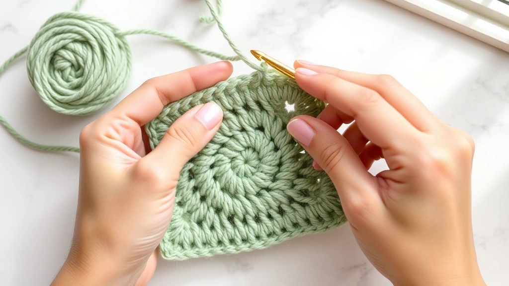 Close-up of hands working crochet hook into corner chain-2 space of sage green granny square, natural window light, white marble surface, work in progress