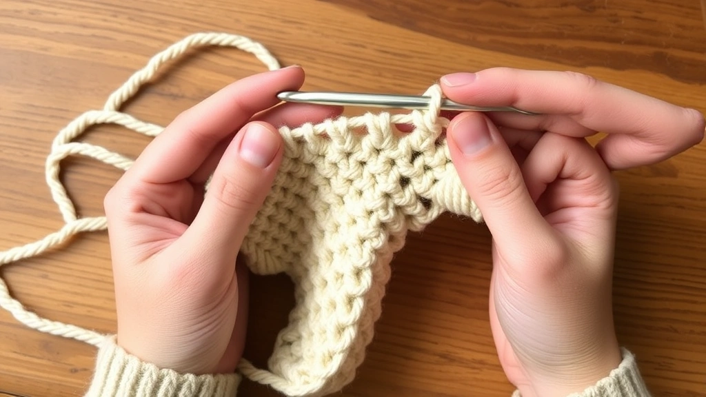 Close-up of hands crocheting with visible tension issues, one section too tight and one too loose, natural daylight, wooden table surface, worsted weight yarn in cream color