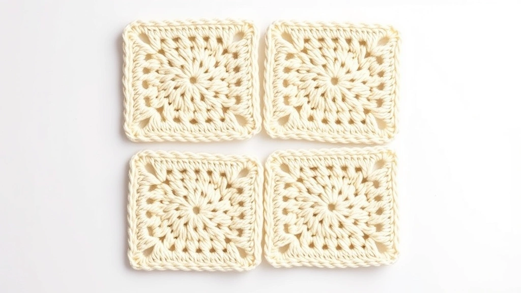 Flat lay of four completed granny squares in cream yarn showing perfect corner alignment, soft natural lighting, clean white background, geometric arrangement