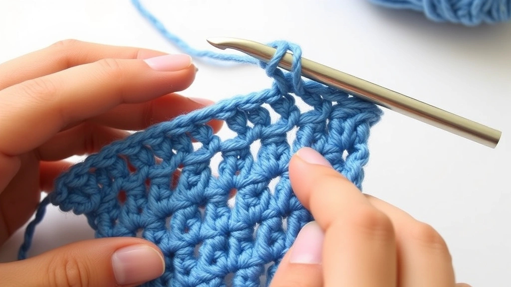 Detailed view of crochet work showing dropped stitches being repaired with hook, soft indoor lighting, hands demonstrating the fix technique, blue cotton yarn on white background