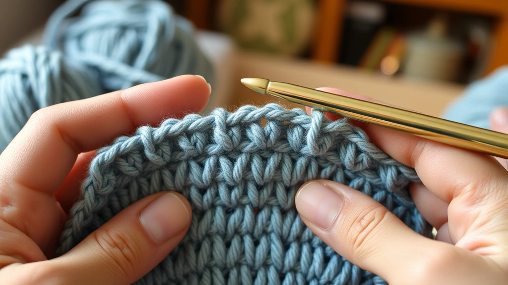 Detailed view of corner construction showing 3 double crochet stitches and chain-2 space in dusty blue yarn, hands positioning hook, warm indoor lighting