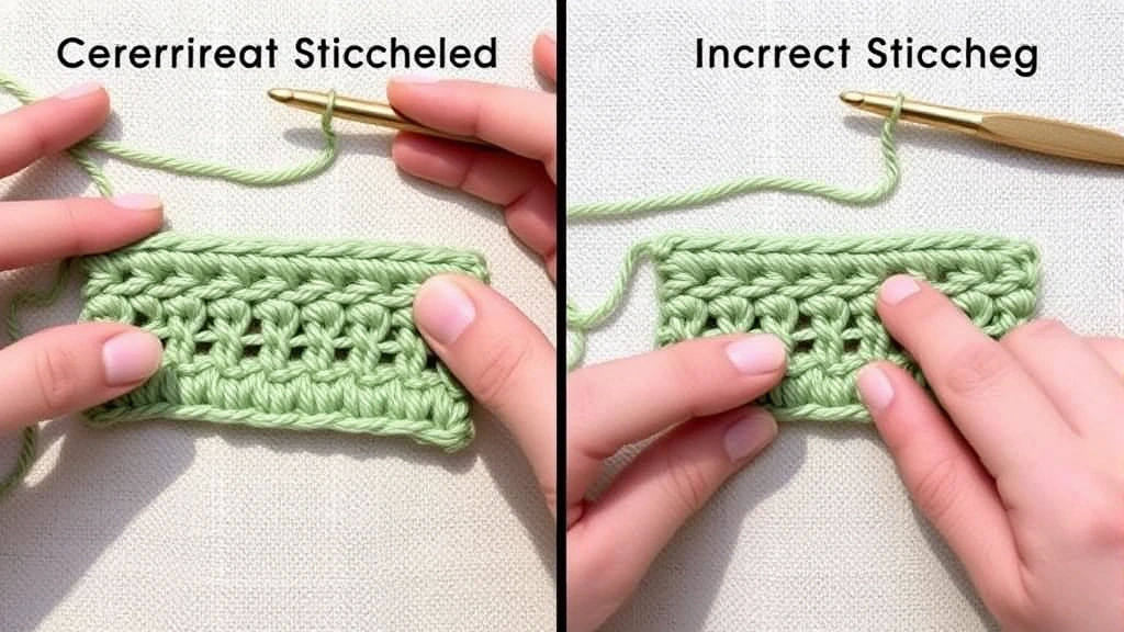 Comparison shot of correct versus incorrect stitch placement in double crochet rows, clear natural lighting, hands pointing to different areas, sage green yarn on neutral surface