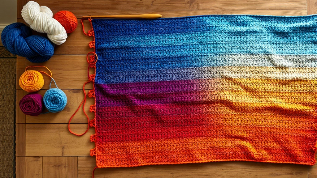 Overhead view of colorful temperature blanket in progress on wooden table, showing gradient from blues to oranges, crochet hook and yarn skeins arranged nearby, natural daylight