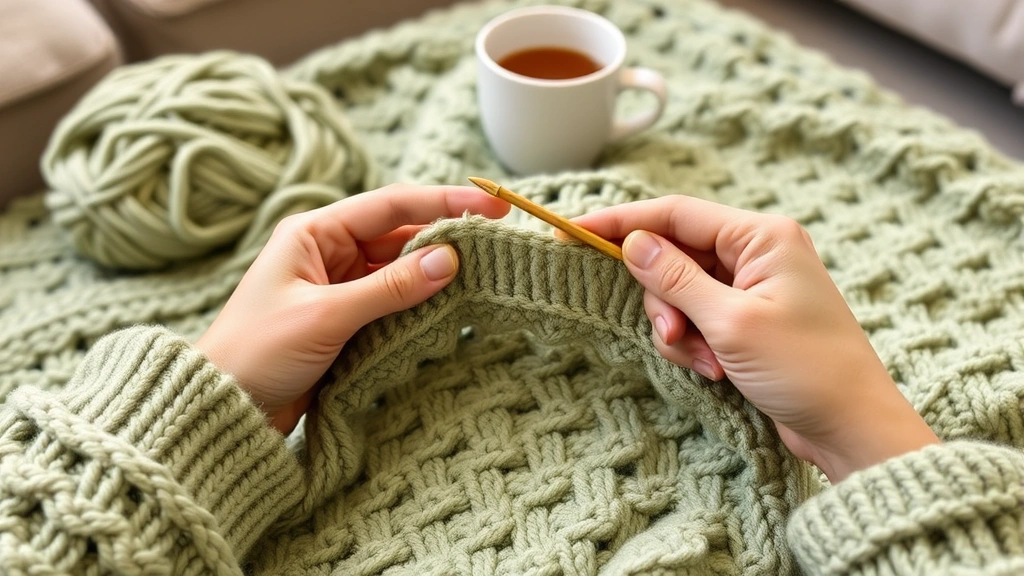 Hands crocheting with sage green yarn on growing temperature blanket, close-up of single crochet stitches, cozy living room setting with coffee mug visible in background