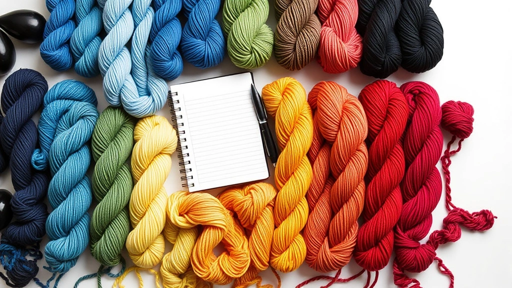 Collection of worsted weight yarn skeins arranged by color temperature from cool blues to warm reds, organized on white surface with weather tracking notebook and pen