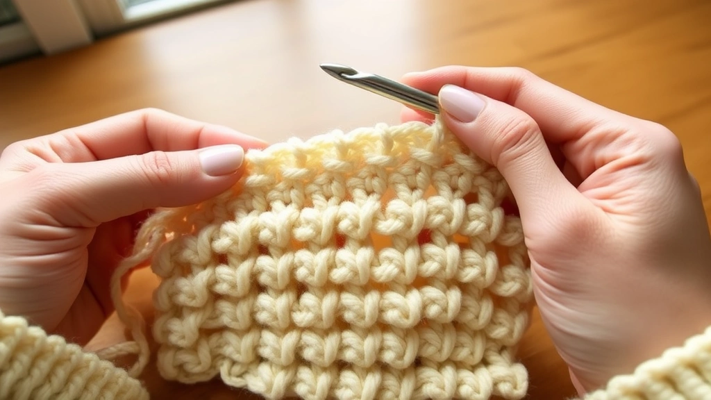 Close-up hands crocheting cream colored yarn in lemon peel stitch pattern, showing textured bumpy surface, natural window light, wooden table background, hook visible