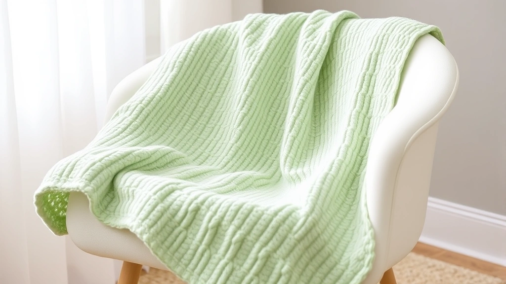 Finished sage green baby blanket in lemon peel stitch draped over white nursery chair, soft natural lighting, showing texture detail and drape quality beautifully