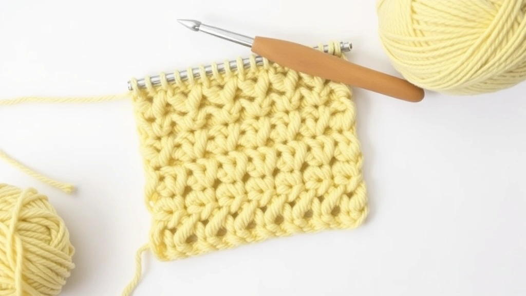 Work in progress lemon peel stitch swatch in worsted weight yarn, multiple rows visible showing pattern development, crochet hook and yarn ball nearby, clean background