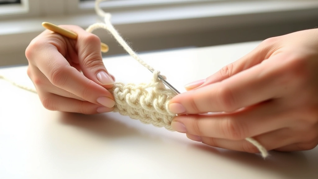 Close-up hands demonstrating foundation single crochet technique with cream worsted yarn, wooden hook, clean white surface, natural window lighting, mid-stitch showing hook placement