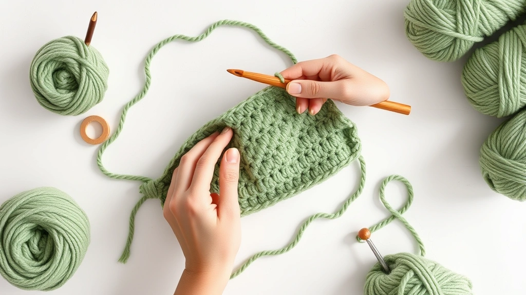 Overhead view of hands crocheting sage green worsted weight yarn with wooden hook, gauge swatch and yarn skeins nearby, natural lighting on white table surface