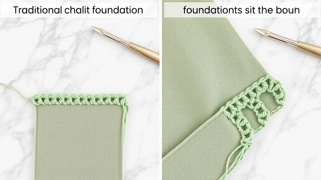 Comparison shot showing traditional chain foundation versus foundation single crochet edge on sage green fabric swatches, marble countertop, soft daylight, clear stitch definition visible