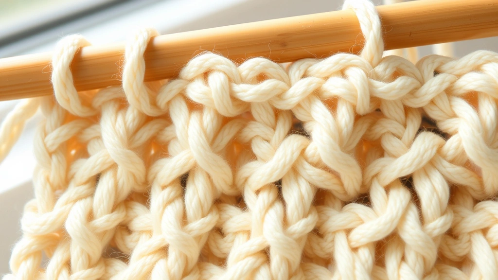 Close-up of double crochet stitches in cream colored yarn showing even tension and stitch definition, bamboo hook visible, soft natural lighting from window