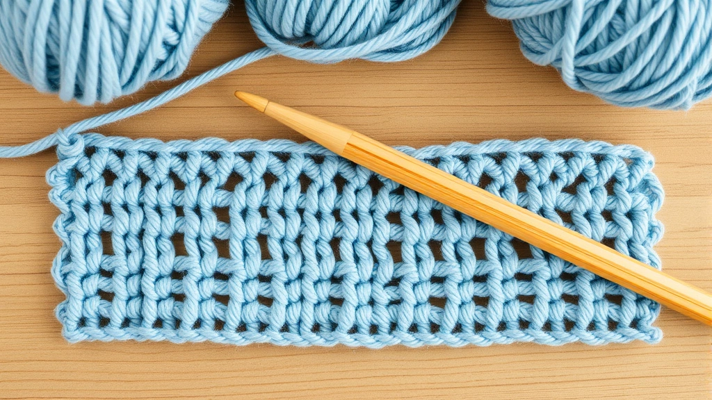 Overhead view of completed foundation single crochet row in dusty blue yarn, bamboo hook resting beside work, craft room setting, even stitches clearly displayed