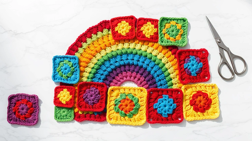 Flat lay of colorful granny squares arranged in rainbow pattern on marble surface, crochet hook and scissors nearby, bright natural light, planning stage