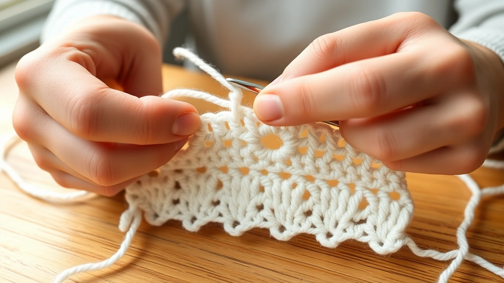 Close-up hands crocheting white cotton yarn showing consistent single crochet edge stitches, natural window light, wooden table surface, hook inserting into correct stitch placement