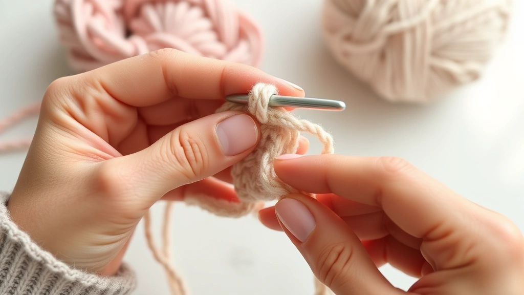 Close-up of hands demonstrating proper yarn tension while crocheting, showing relaxed grip on hook and controlled yarn flow through fingers, natural lighting, clean workspace