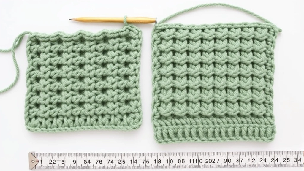 Flat lay comparison showing wavy uneven crochet swatch next to straight blocked swatch, sage green worsted yarn, measuring tape visible, clean white background, professional styling