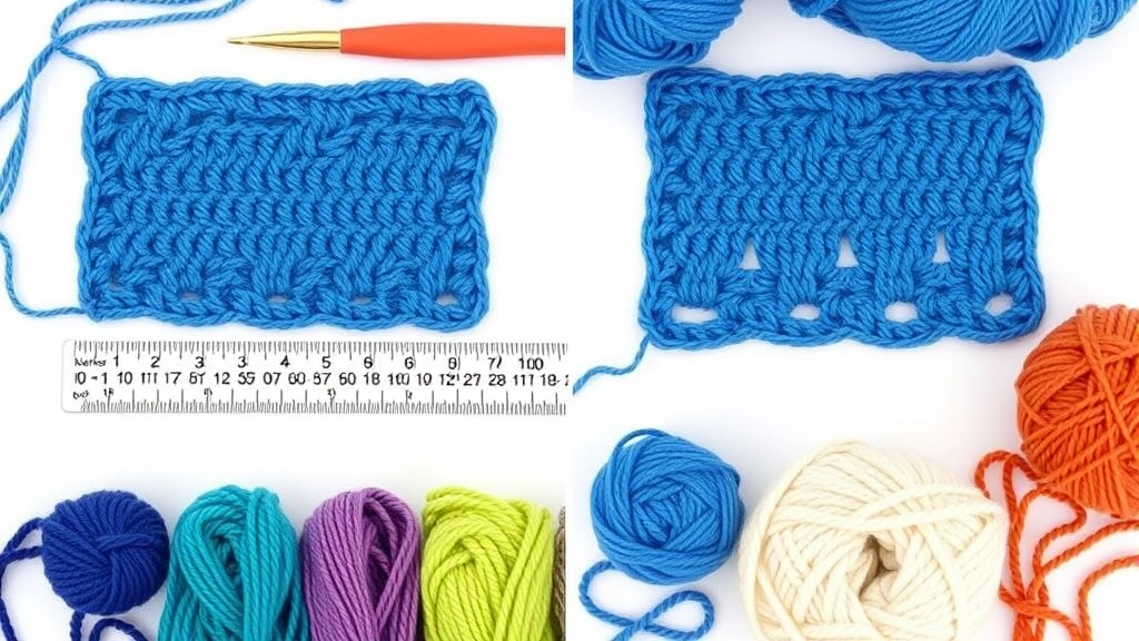 Side-by-side comparison of crochet gauge swatches showing different tensions, ruler measuring stitches per inch, various yarn weights displayed on white surface, professional lighting