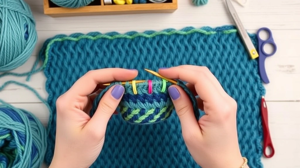 Overhead view of hands placing colorful stitch markers in first and last stitches of crochet row, variegated yarn in blues and greens, organized workspace with supplies