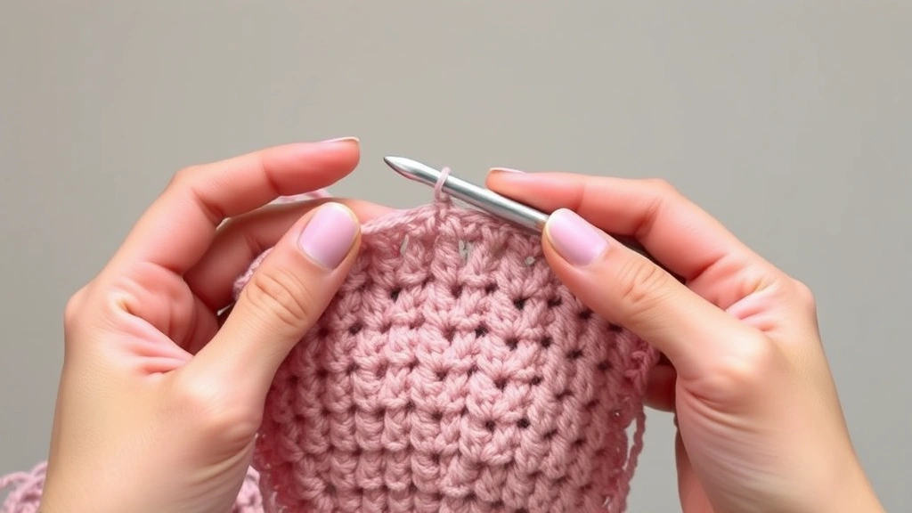 Hands working single crochet stitches with consistent even tension, showing proper hook angle and yarn positioning, soft natural light, neutral background, work in progress