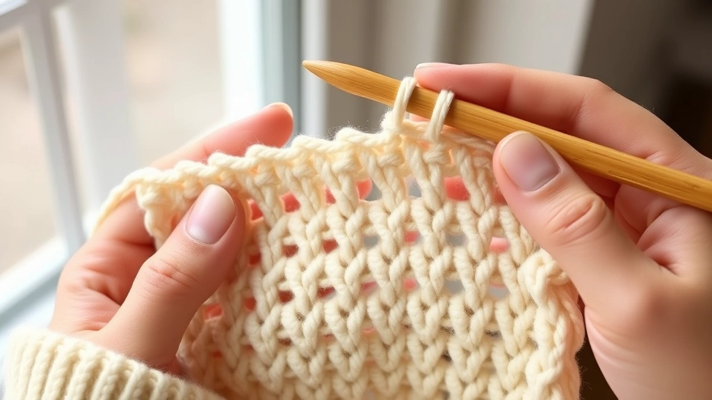 Close-up of hands working moss stitch in cream worsted yarn, bamboo hook visible, natural window light, showing alternating single crochet and chain spaces clearly