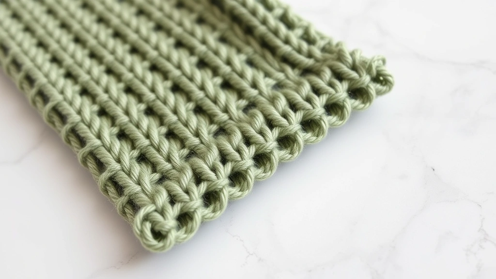 Finished moss stitch fabric swatch in sage green cotton yarn on white marble surface, soft natural lighting, texture detail visible, no text or patterns