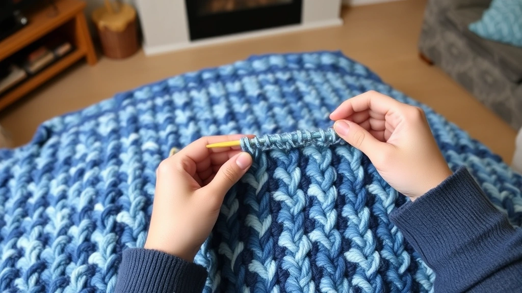 Work-in-progress moss stitch blanket in variegated blue yarn, hands holding wooden hook, cozy living room setting, partially completed rows showing pattern development