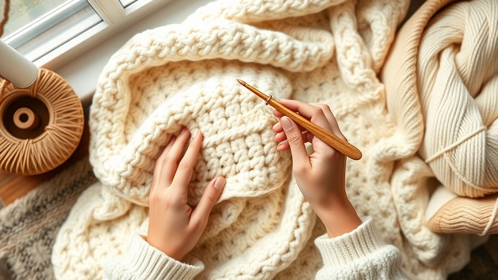 Overhead view of hands crocheting a cream-colored worsted weight blanket with wooden hook, natural window lighting, cozy living room setting, yarn basket nearby