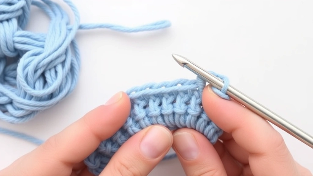 Close-up of half double crochet stitches in soft blue yarn showing even tension and stitch definition, hands holding aluminum hook, clean white background