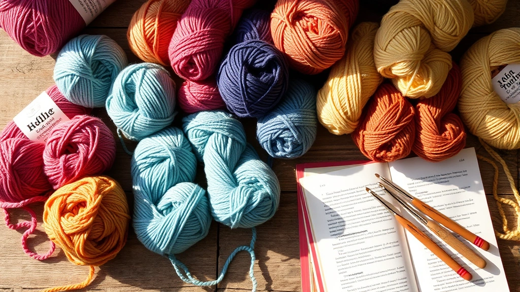Collection of yarn skeins in coordinating colors arranged on rustic wooden table, crochet hooks and pattern book visible, warm afternoon lighting, crafting atmosphere