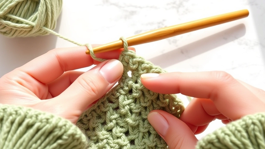 Close-up hands working double crochet corner increase into granny square, sage green yarn, bamboo hook, natural window lighting, white marble surface background