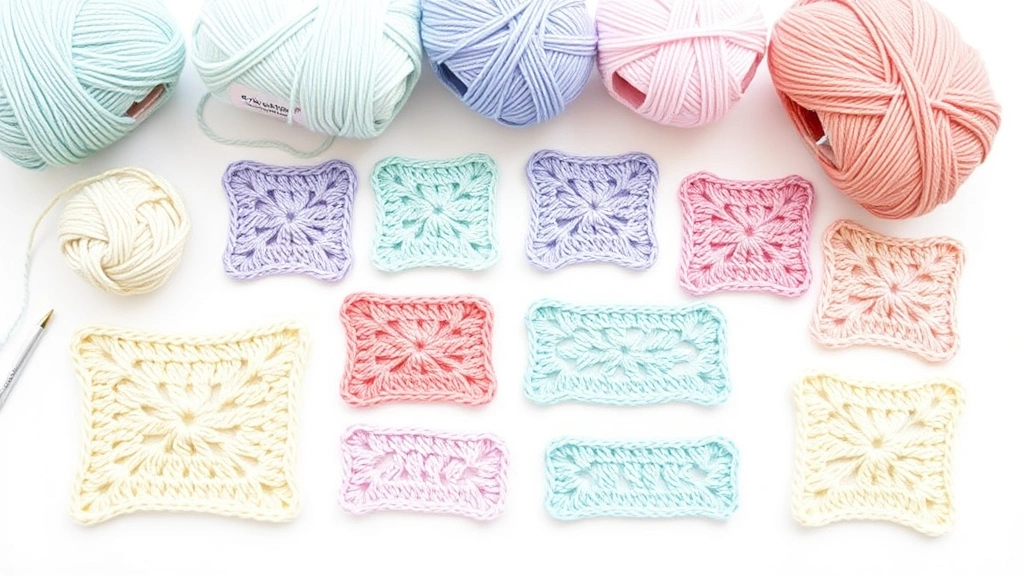 Flat lay of crochet samples showing different corner techniques, various pastel yarns, single and double crochet examples, clean white background, organized display