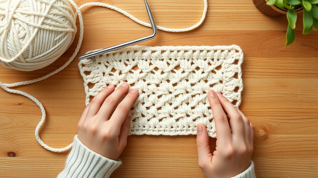 Overhead view of hands crocheting rectangular dishcloth corner, cream cotton yarn, aluminum hook, soft natural lighting, wooden table surface visible