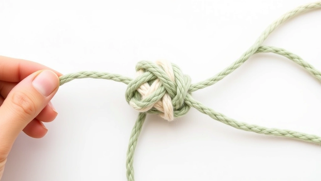 Magic knot joining method in progress with sage green and ivory yarns, fingers positioning knots, soft natural lighting, clean white background, detailed view of knot formation