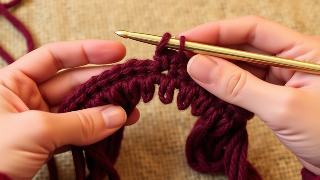 Crochet hook working over yarn tails in burgundy worsted weight yarn, hands guiding both old and new yarn ends, warm indoor lighting, textured fabric background