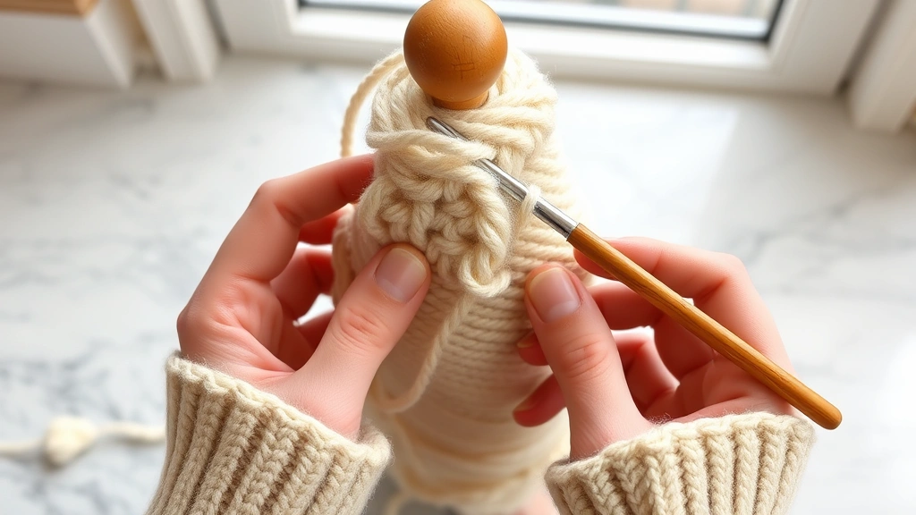 Close-up hands working front post double crochet around yarn post, cream worsted weight yarn, wooden hook, natural window lighting, marble surface background