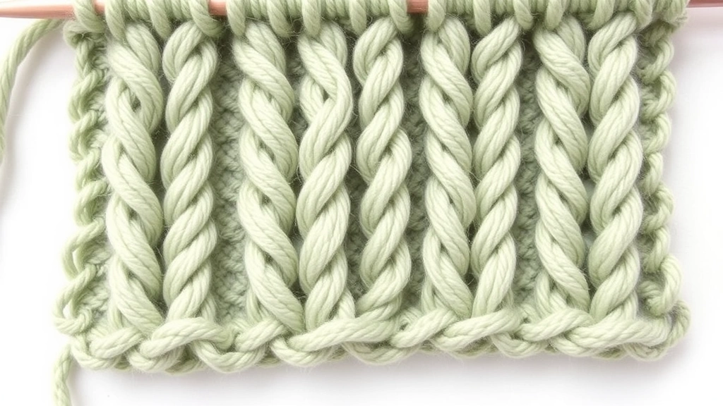 Detailed view of crossed cable stitches in progress, sage green wool yarn, showing four-stitch cable crossing technique, soft natural lighting, clean white background