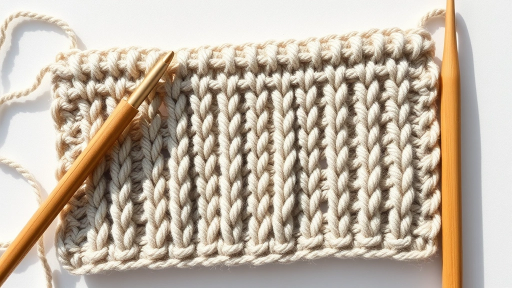 Overhead shot of cable crochet swatch with multiple patterns, various cable widths visible, neutral colored yarn, bamboo hook beside work, bright natural light