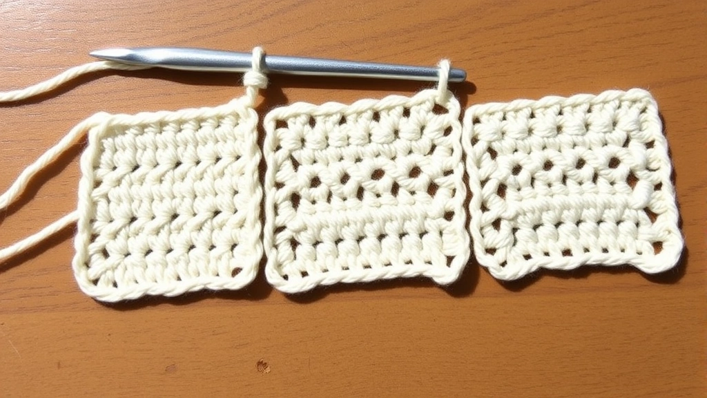 Close-up comparison of crochet swatches showing single crochet, half double crochet, and double crochet in cream worsted yarn, natural lighting, wooden table surface