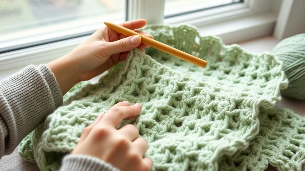 Hands crocheting a sage green baby blanket with bamboo hook, showing single crochet stitches in progress, soft window light, cozy crafting atmosphere, yarn ball visible