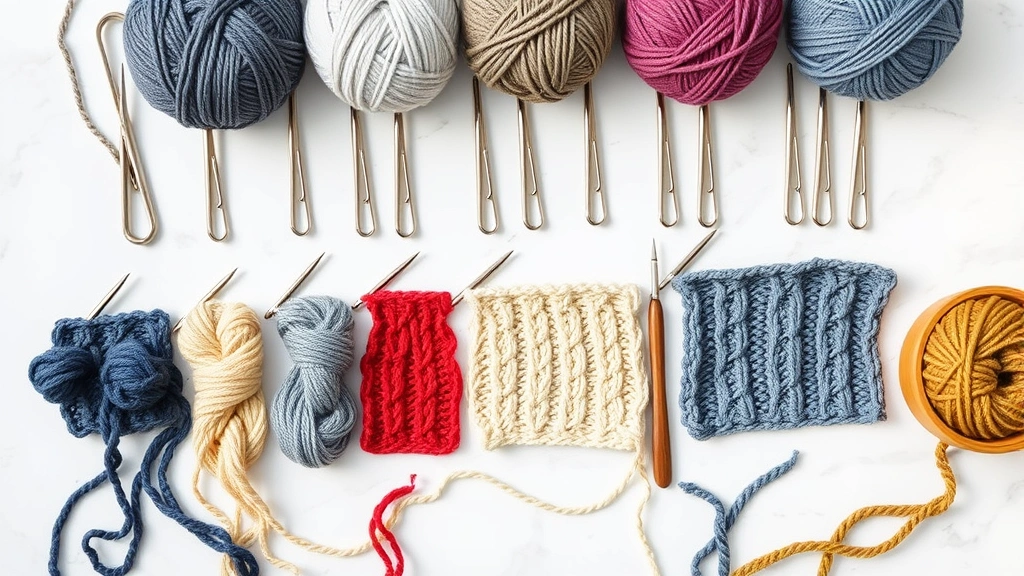 Overhead view of multiple yarn weight samples with corresponding hook sizes, organized on white marble surface, natural daylight, various stitch textures displayed clearly