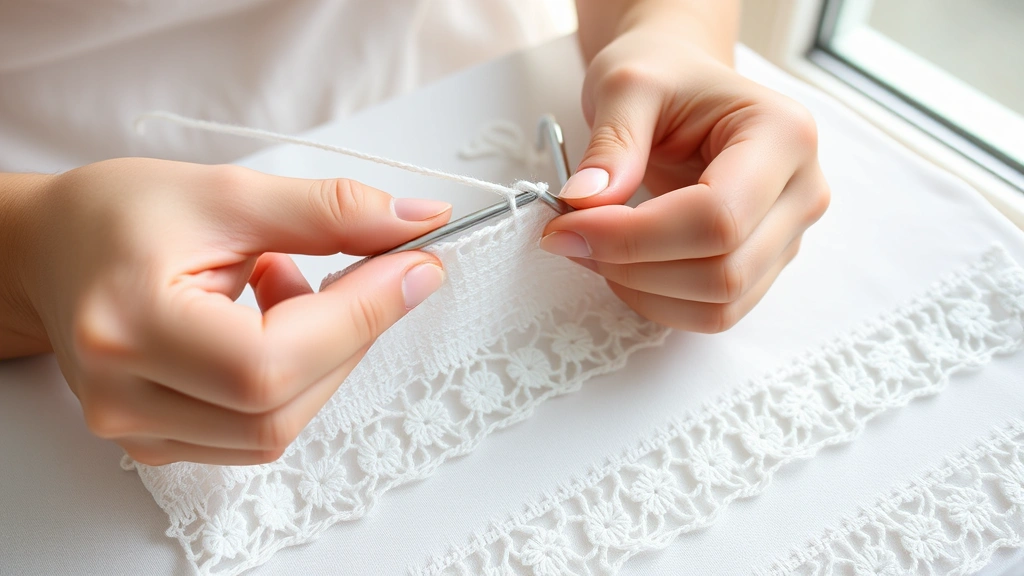 Close-up hands holding steel crochet hook working white cotton thread in delicate lace pattern, natural window light, clean white surface, intricate stitches visible