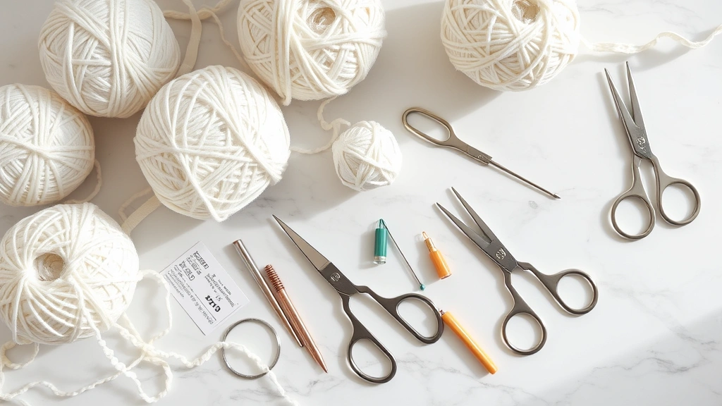 Flat lay of lace crochet supplies on marble surface, size 10 white thread balls, steel hooks various sizes, small scissors, blocking pins, soft natural lighting