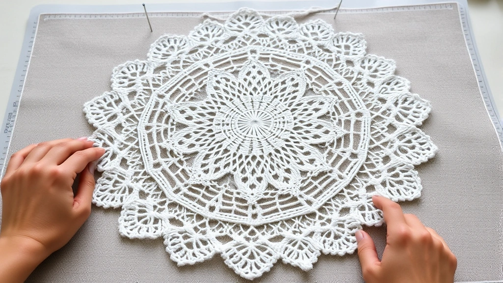 Partially completed white cotton doily stretched on blocking mat with rust-proof pins, showing intricate lace pattern emerging, hands adjusting pins, bright crafting space