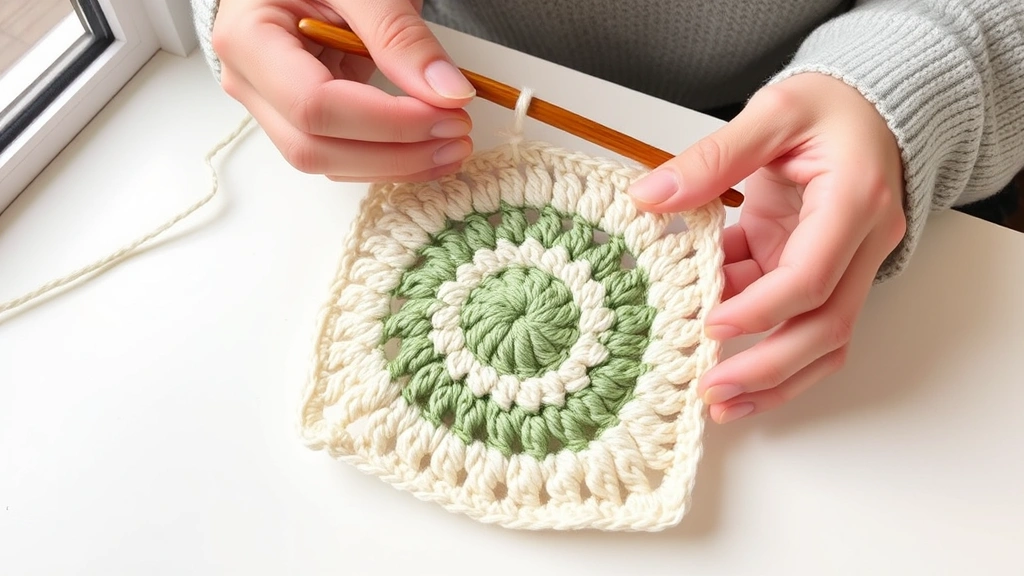 Hands crocheting a traditional granny square in cream and sage green yarn, wooden hook visible, natural window light, white table surface, partially completed square showing center rounds
