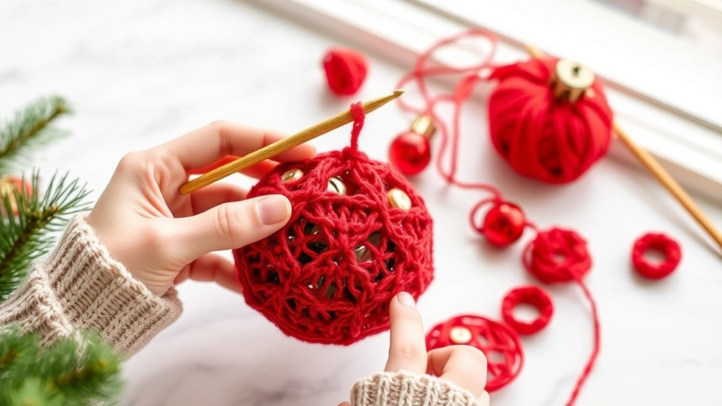 Hands crocheting red cotton Christmas ball ornament with bamboo hook, white marble table, soft natural window light, partially completed rounds visible, cozy holiday crafting scene