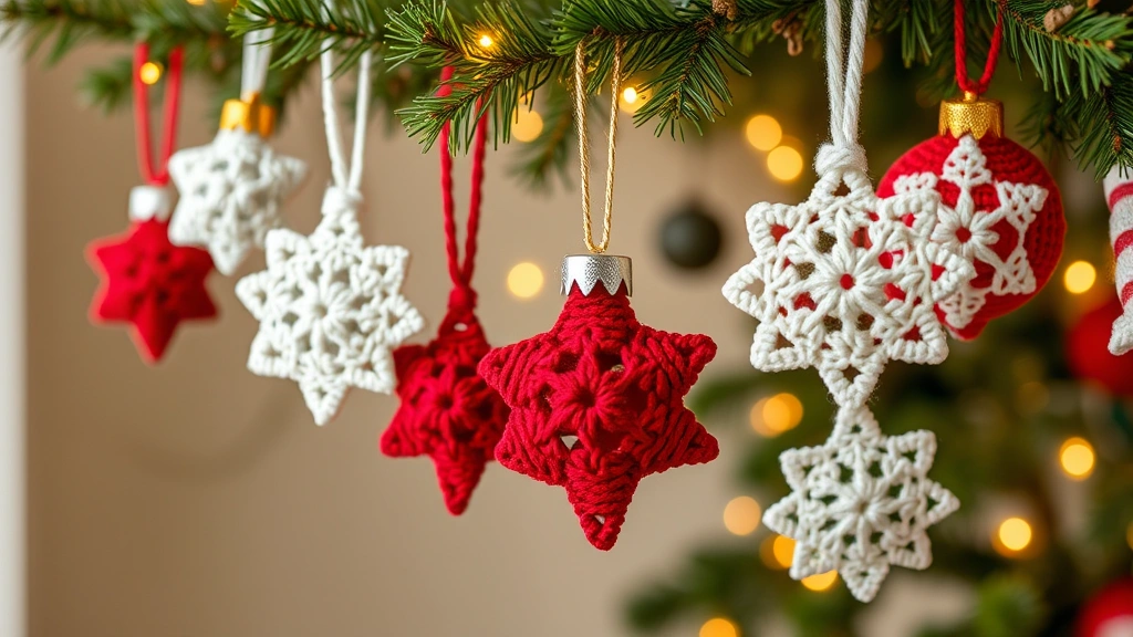 Collection of finished crochet Christmas ornaments in traditional colors, hanging from evergreen branch, warm golden lighting, various shapes including stars and snowflakes, festive arrangement